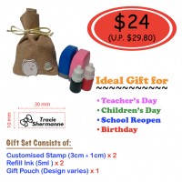 Gift Set for School Reopen Kit | Christmas | Birthday | Teacher’s Day – 2 x Customised Pre-Inked Name Stamp + Refill Ink + Gift Pouch